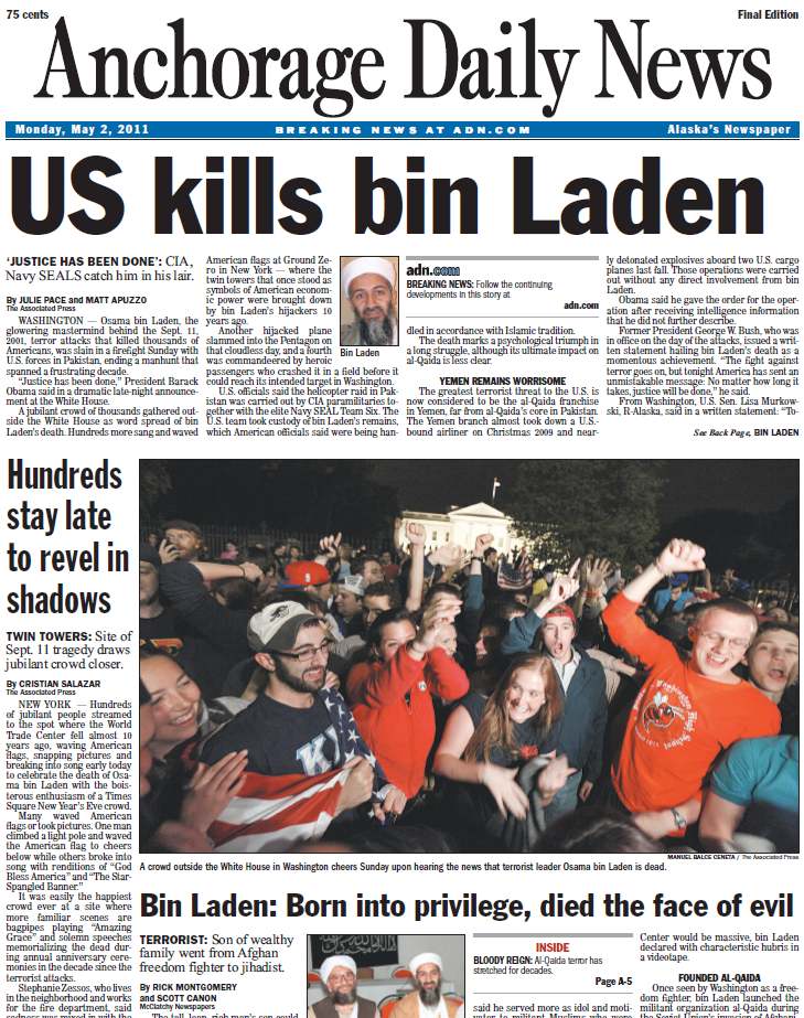 Anchorage Daily News front page, 2 May 2011: US kills bin Laden